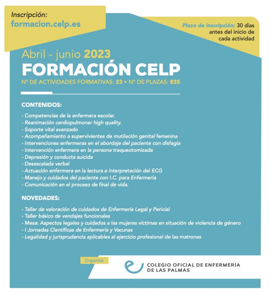 Desgastar pantalla pegamento Formación CELP abril - junio 2023: 23 cursos, 835 plazas. - CELP - Colegio  Oficial de Enfermería de Las Palmas